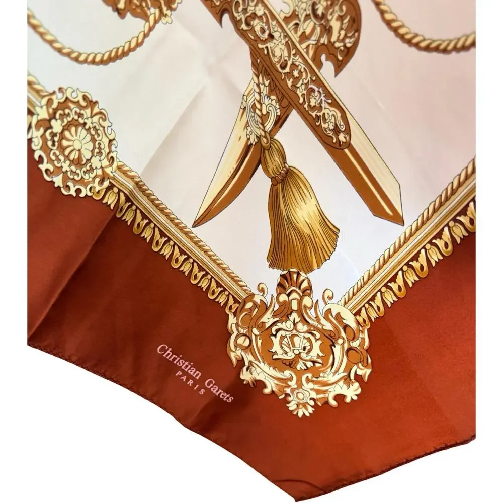 Vintage Christian Garets Paris Silk Scarf Ivory Brown Gold Swords Arms Baroque